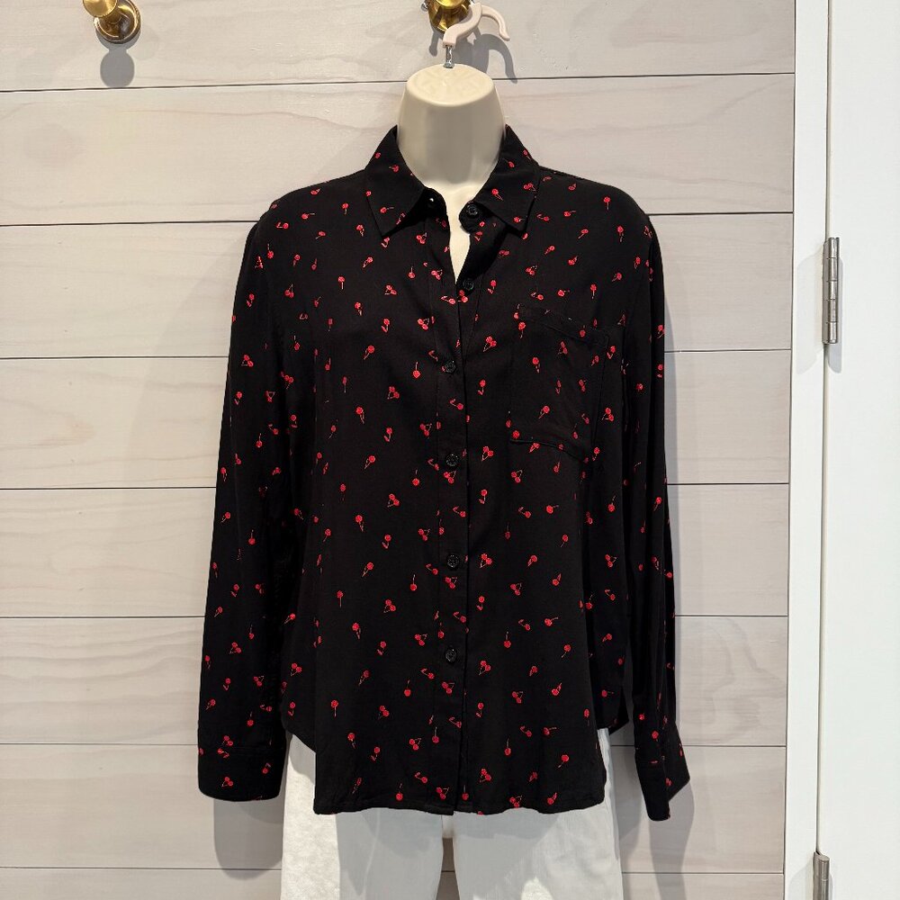 RAILS Rocsi Metallic Red Cherry Print Black Button Down Shirt XS